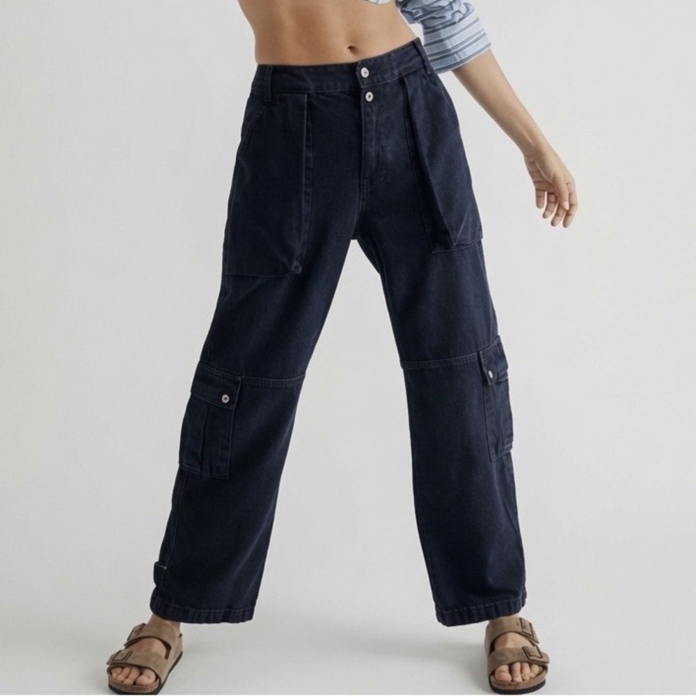We‎ The Free Free People Marx Slouchy Cargo Jeans Dark Wash Blue Denim 26